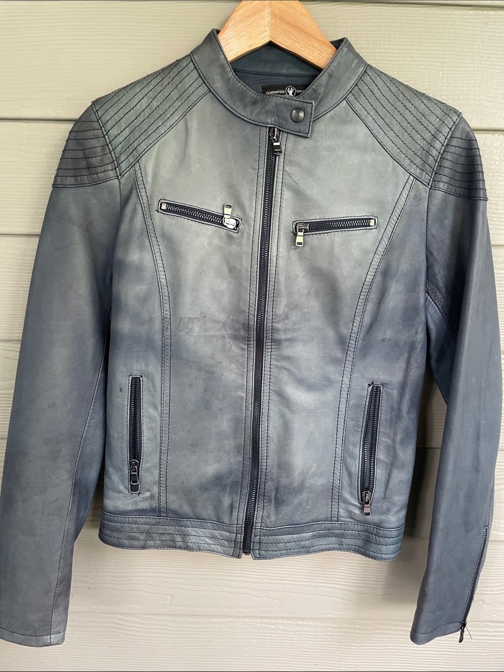 Italian from Italy Women’s Blue Leather Zip Moto Jacket